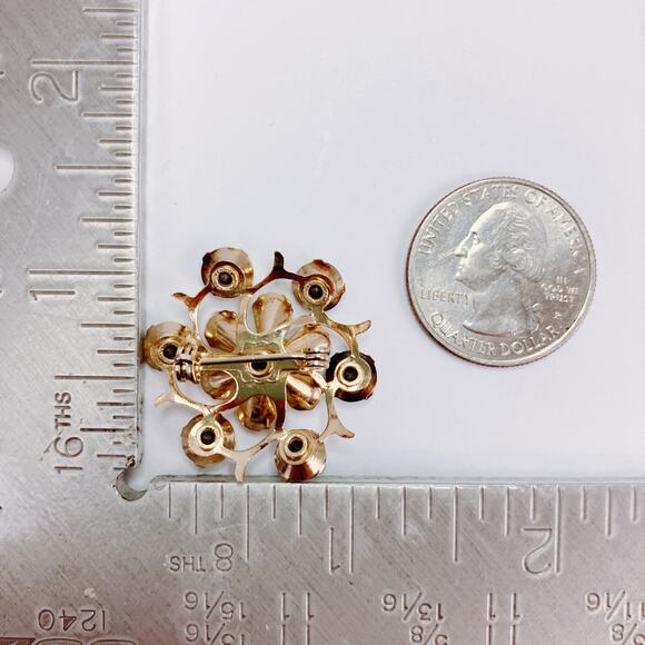 Vintage Mid Century Gold Tone Flower Brooch Purple Aurora Borealis Rhinestones - Picture 9 of 9